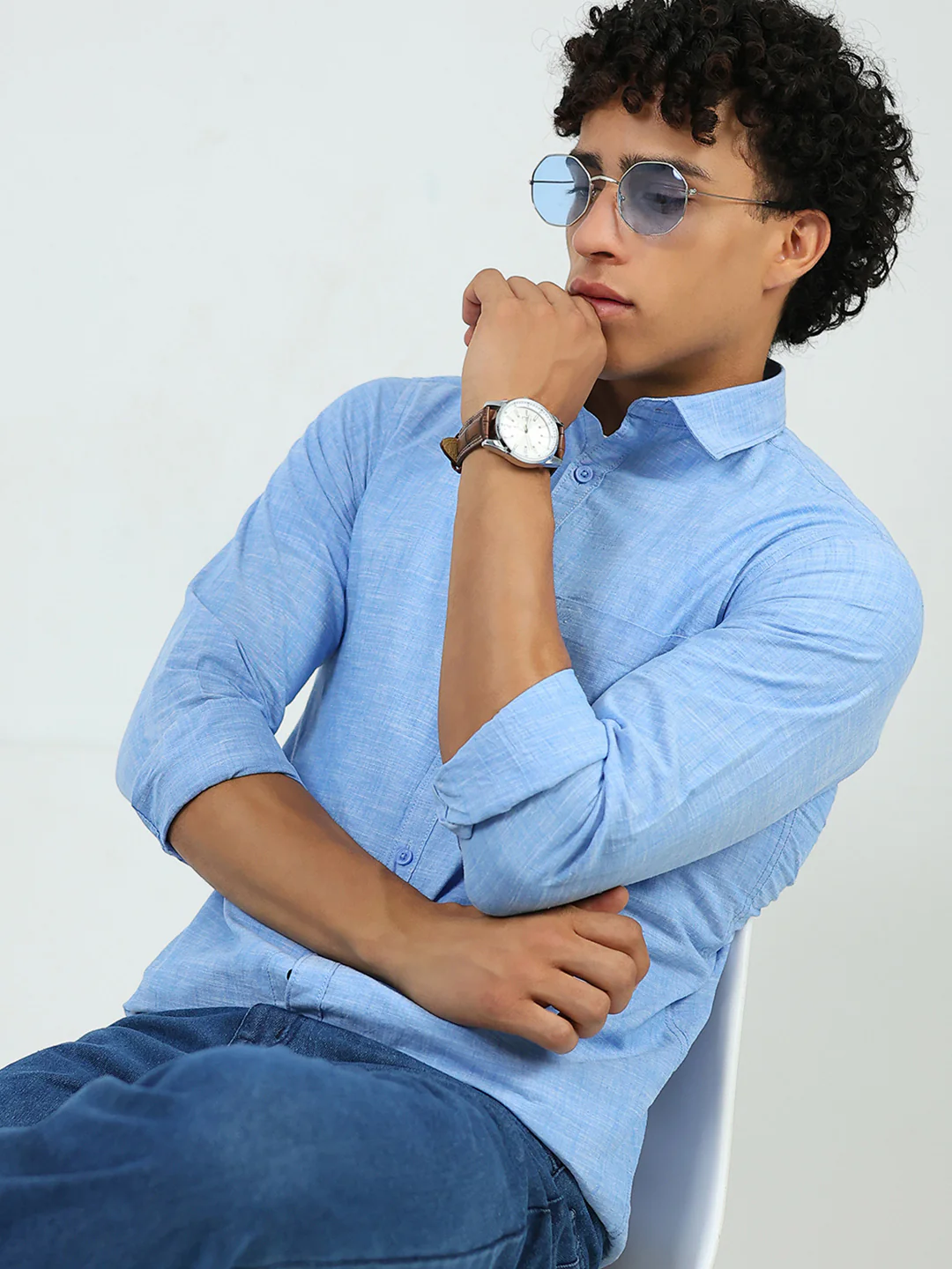 Men Blue Printed Collar Full Sleeve Shirt - Image 6