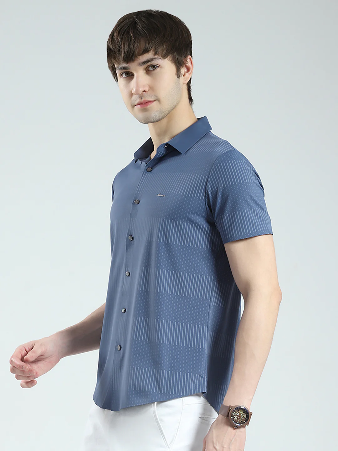 Men Blue Printed Collar Half Sleeve Shirt - Image 3