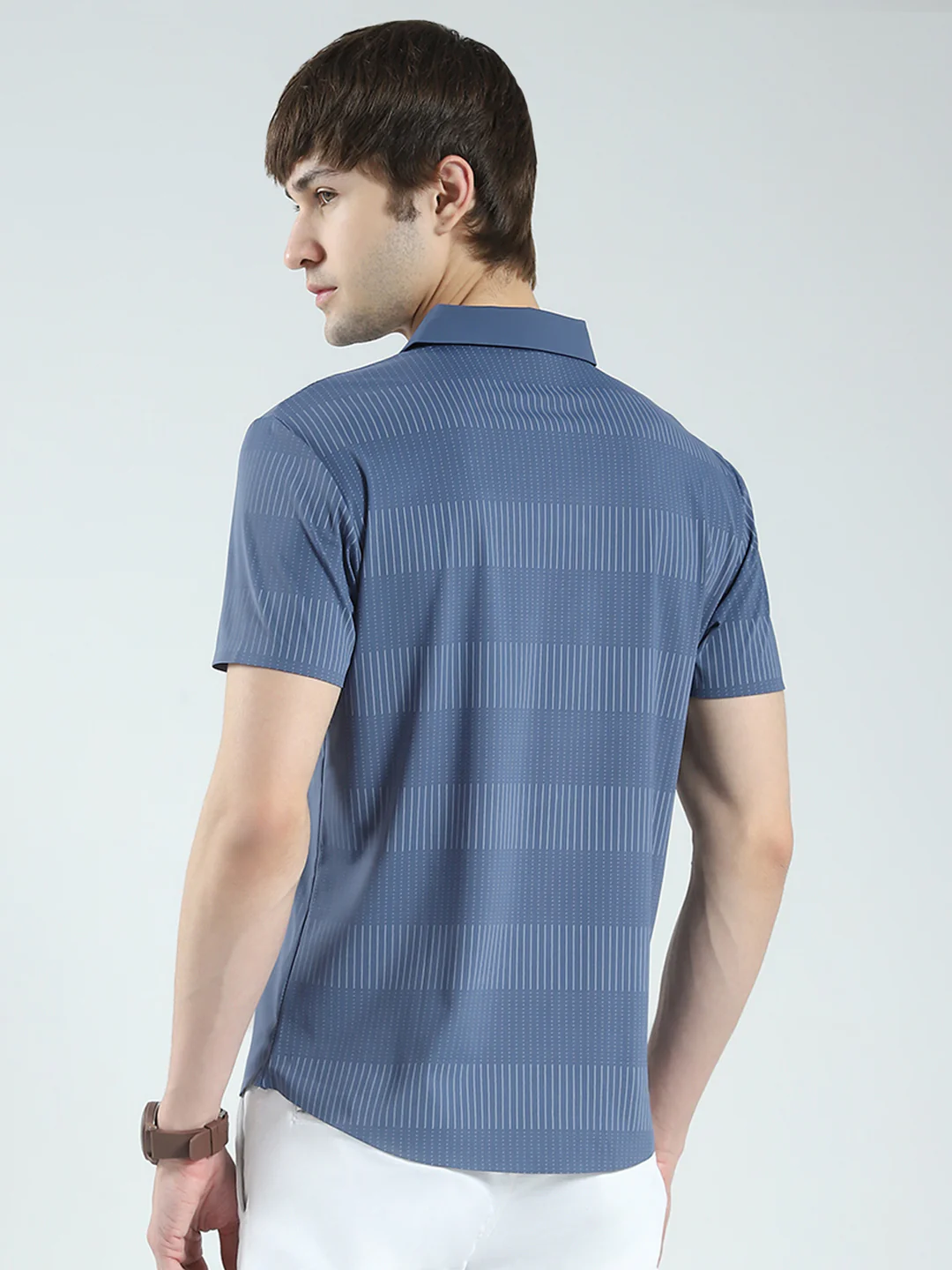 Men Blue Printed Collar Half Sleeve Shirt - Image 5
