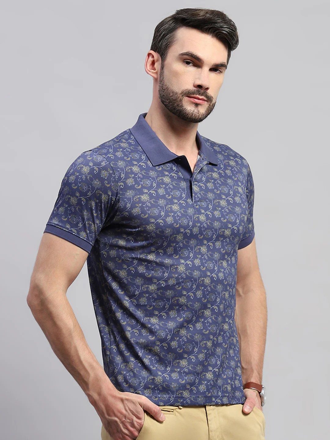 Men Blue Printed Collar Half Sleeve T-Shirt - Image 4