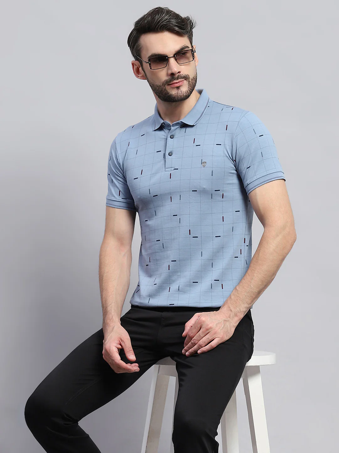 Men Blue Printed Collar Half Sleeve T-Shirt - Image 6