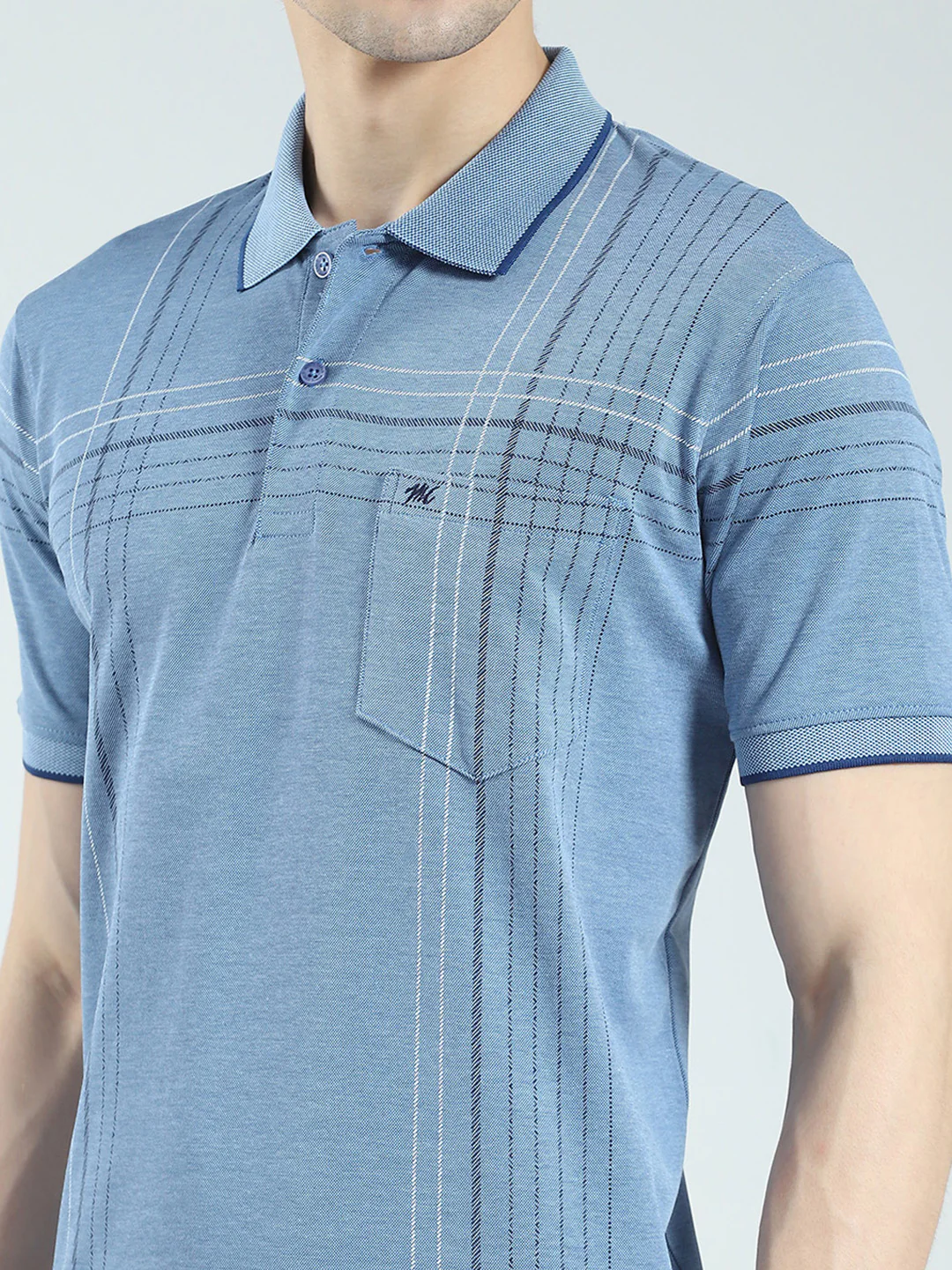 Men Blue Printed Collar Half Sleeve T-Shirt - Image 6