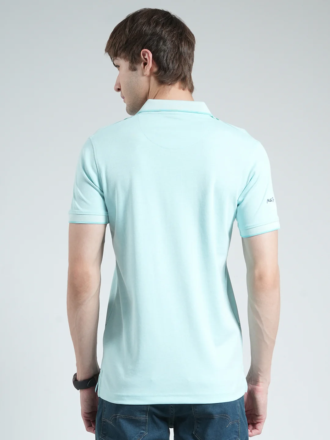 Men Blue Printed Collar Half Sleeve T-Shirt - Image 5