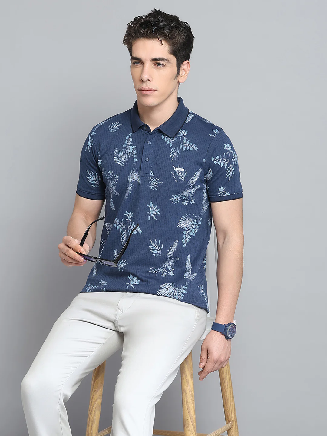Men Blue Printed Collar Half Sleeve T-Shirt - Image 6