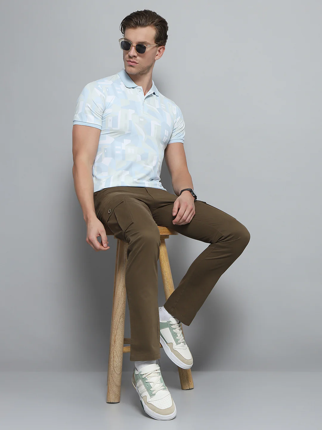 Men Blue Printed Collar Half Sleeve T-Shirt - Image 2