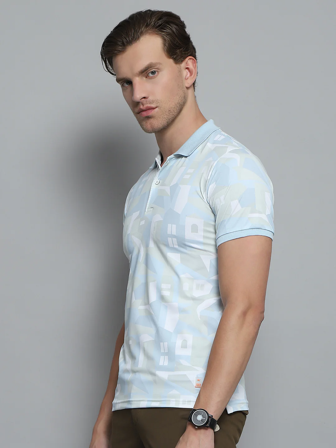 Men Blue Printed Collar Half Sleeve T-Shirt - Image 3