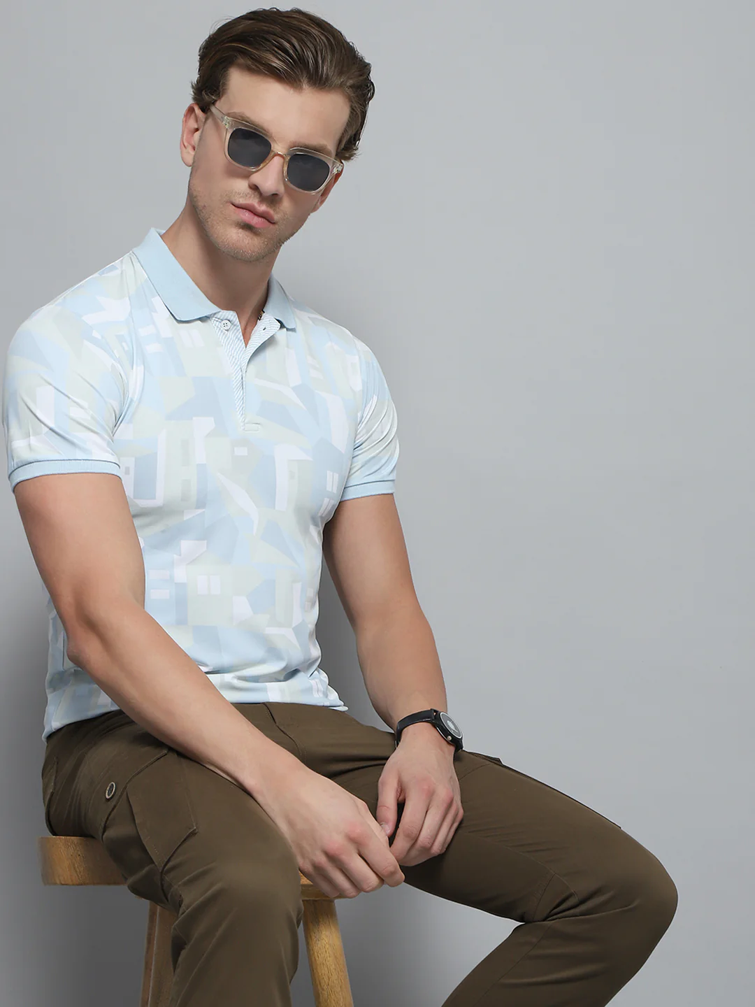 Men Blue Printed Collar Half Sleeve T-Shirt - Image 6