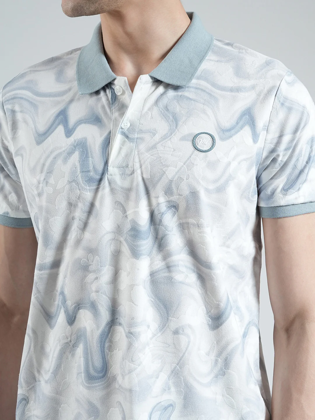 Men Blue Printed Collar Half Sleeve T-Shirt - Image 7