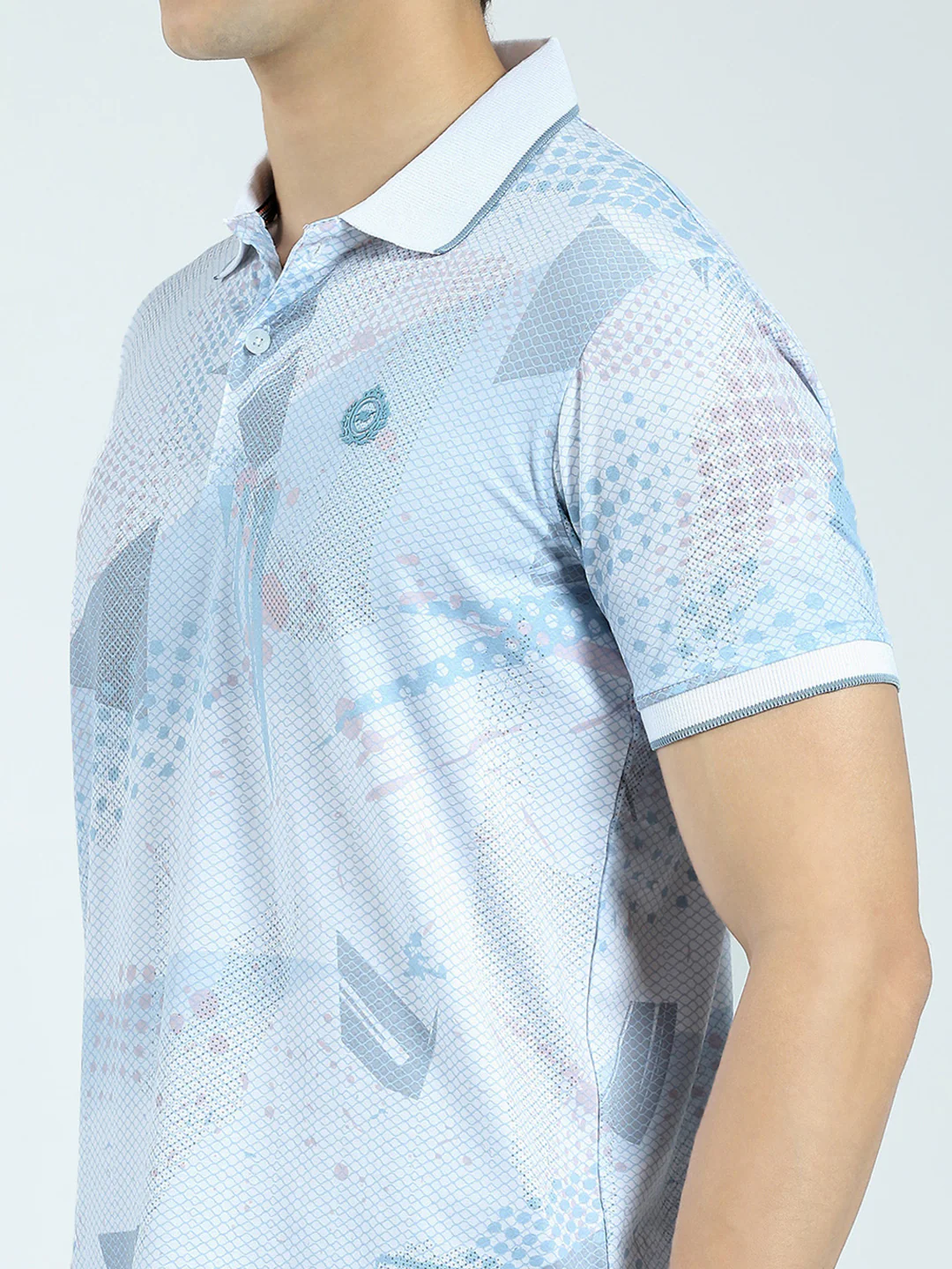 Men Blue Printed Collar Half Sleeve T-Shirt - Image 6