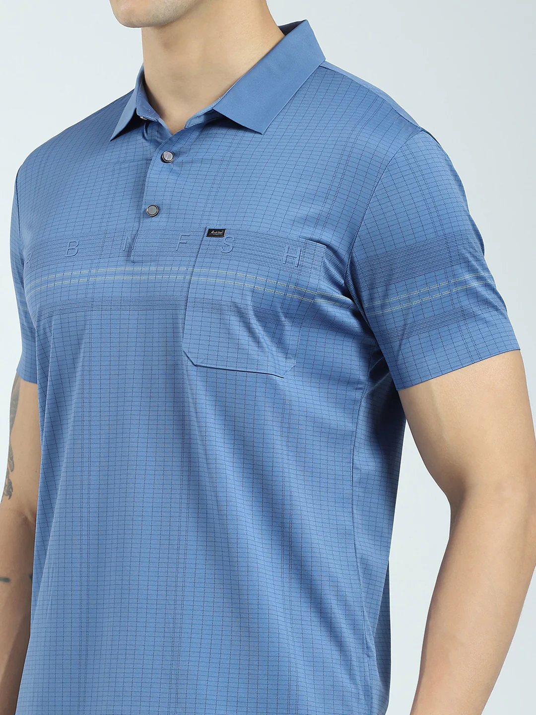 Men Blue Printed Collar Half Sleeve T-Shirt - Image 6