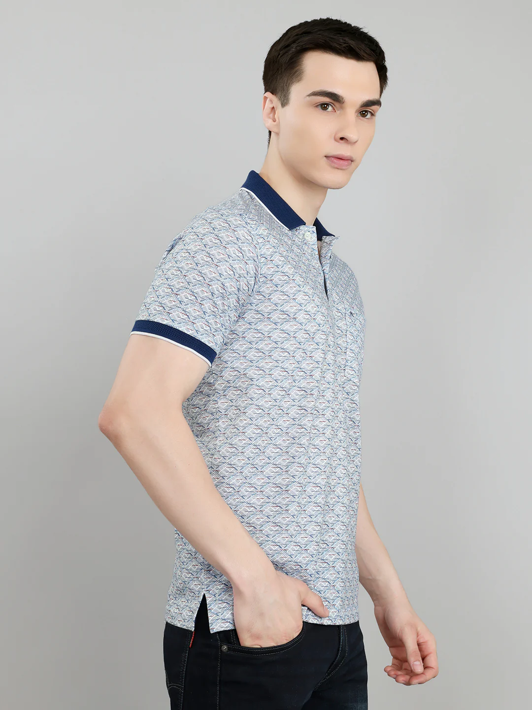 Men Blue Printed Collar Half Sleeve T-Shirt - Image 3