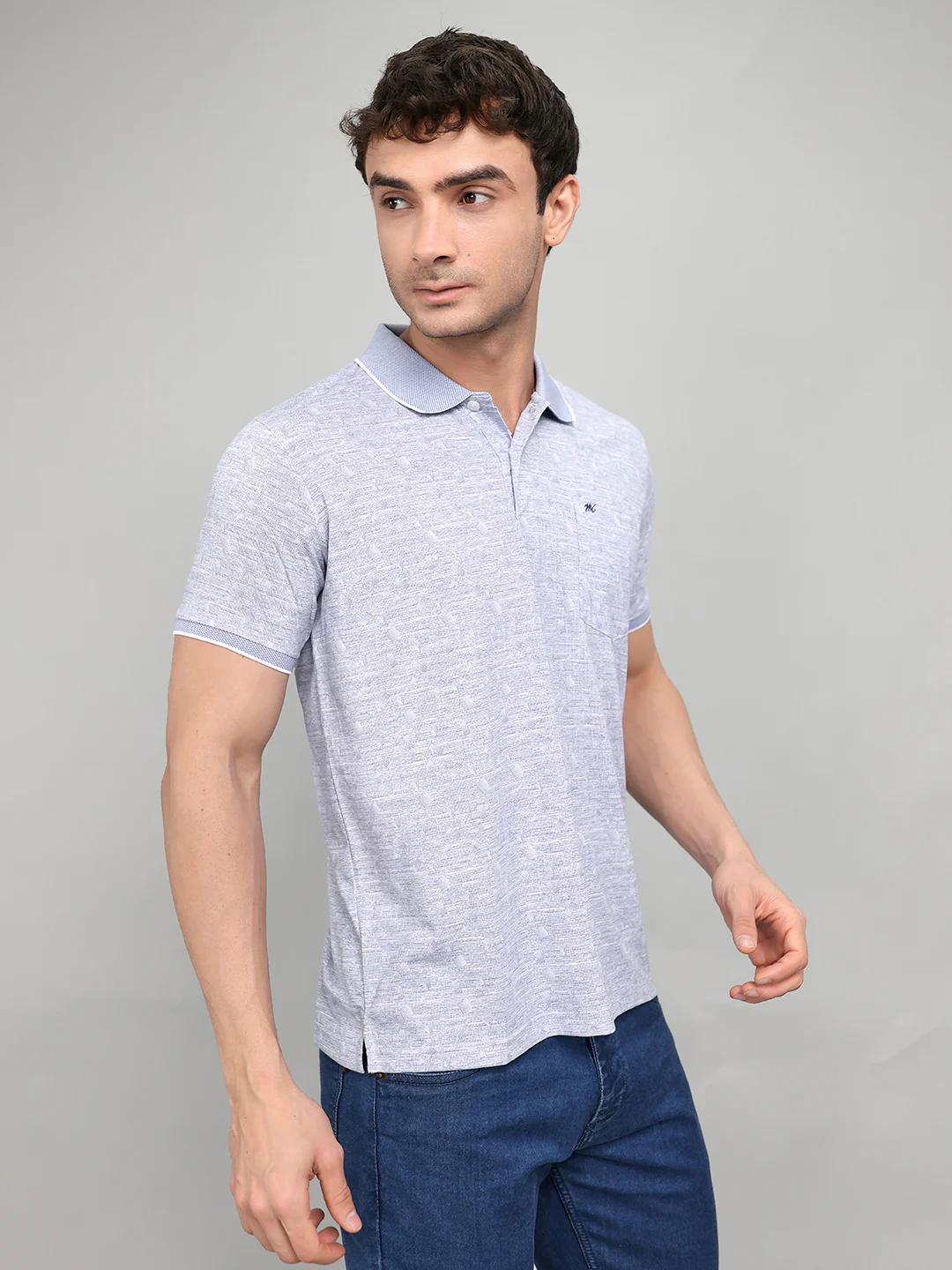 Men Blue Printed Collar Half Sleeve T-Shirt - Image 2