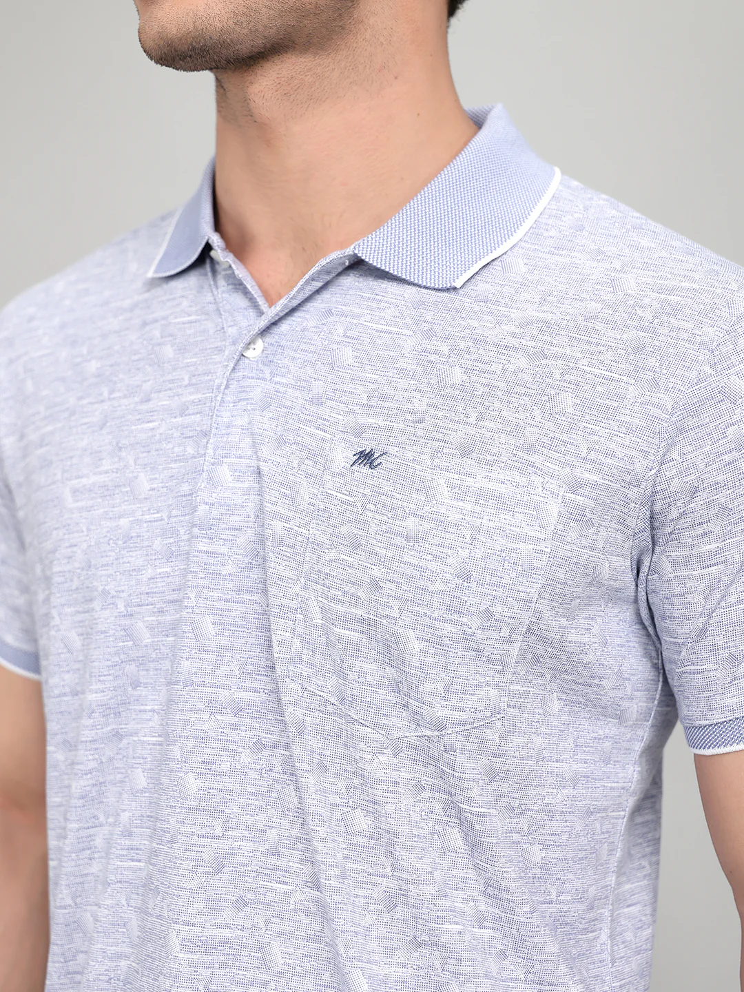 Men Blue Printed Collar Half Sleeve T-Shirt - Image 4