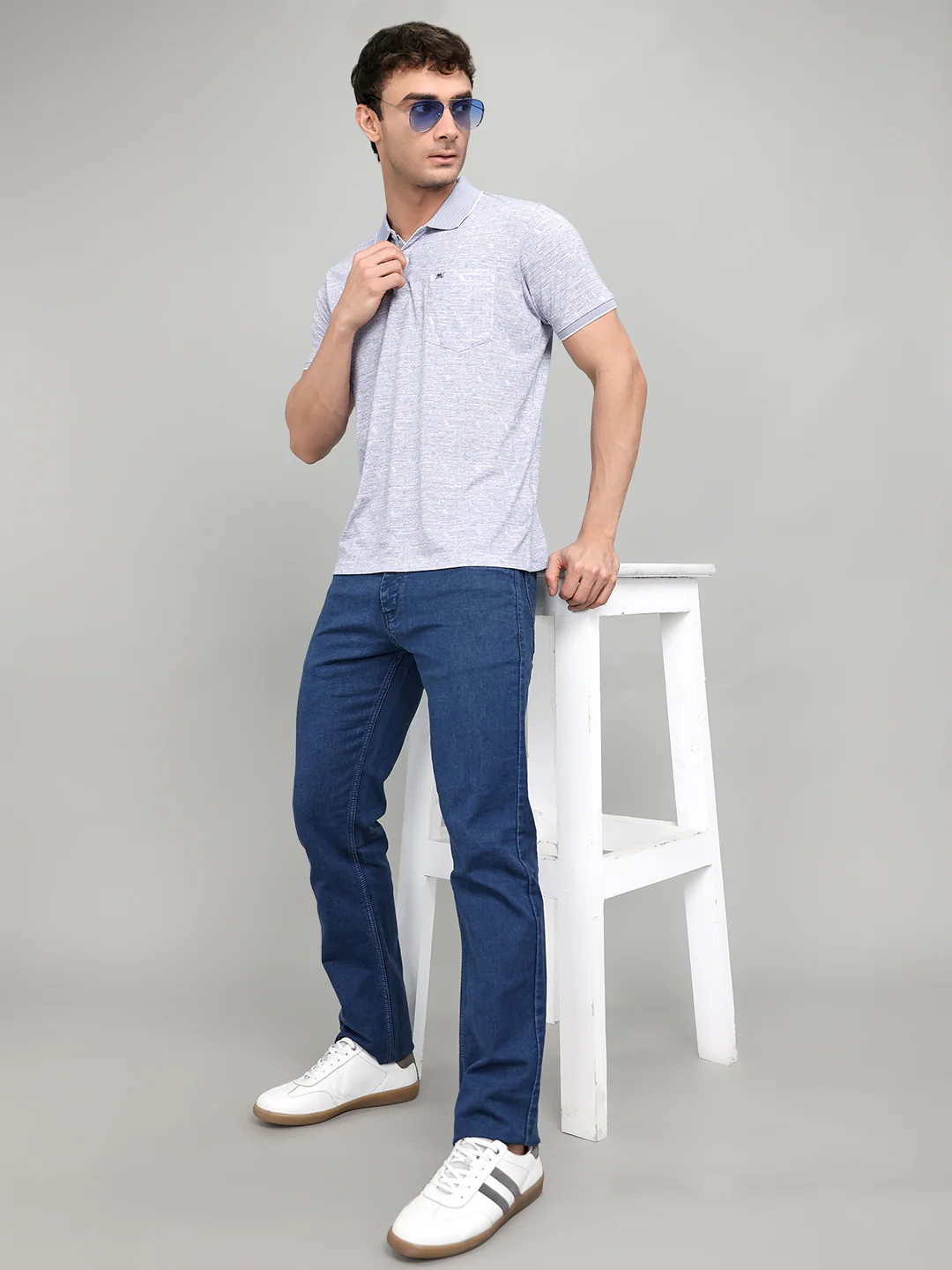 Men Blue Printed Collar Half Sleeve T-Shirt - Image 6