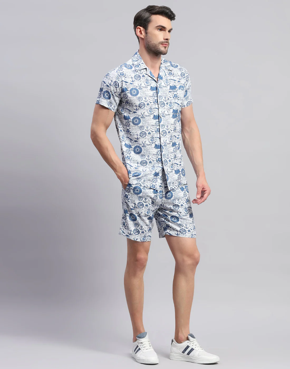Men Blue Printed Collar Neck Half Sleeve Cords Set - Image 4