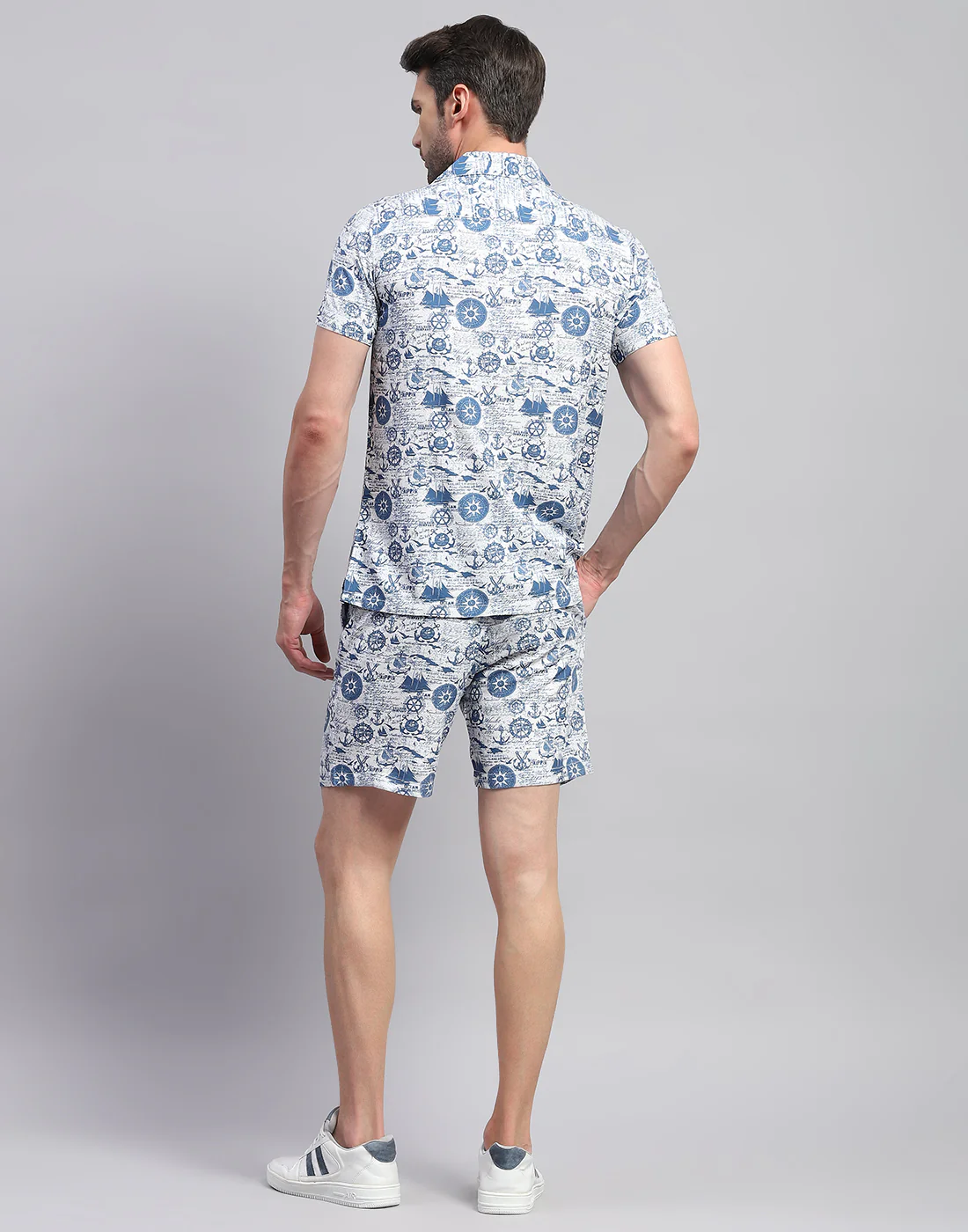 Men Blue Printed Collar Neck Half Sleeve Cords Set - Image 5