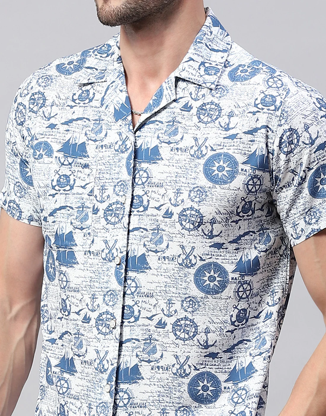 Men Blue Printed Collar Neck Half Sleeve Cords Set - Image 6
