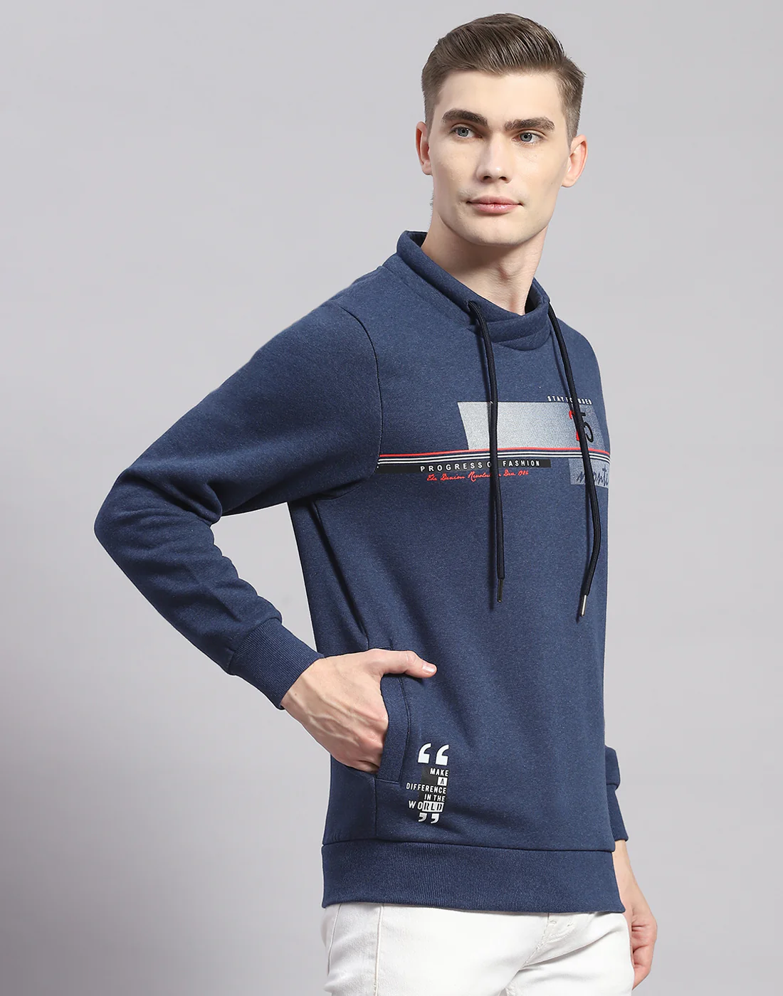Men Blue Printed F Neck Full Sleeve Sweatshirt - Image 4