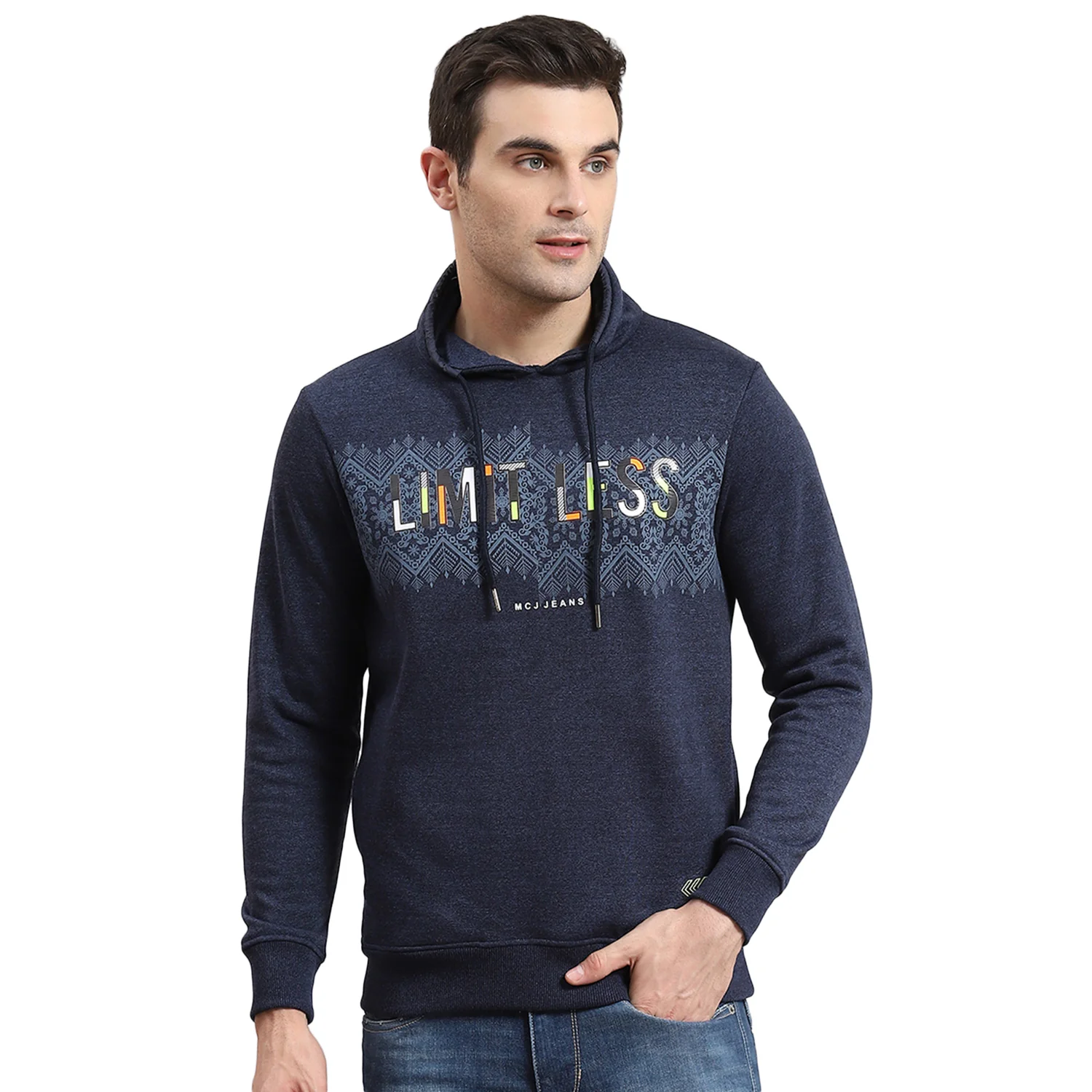 Men Blue Printed F Neck Full Sleeve Sweatshirt - Image 5