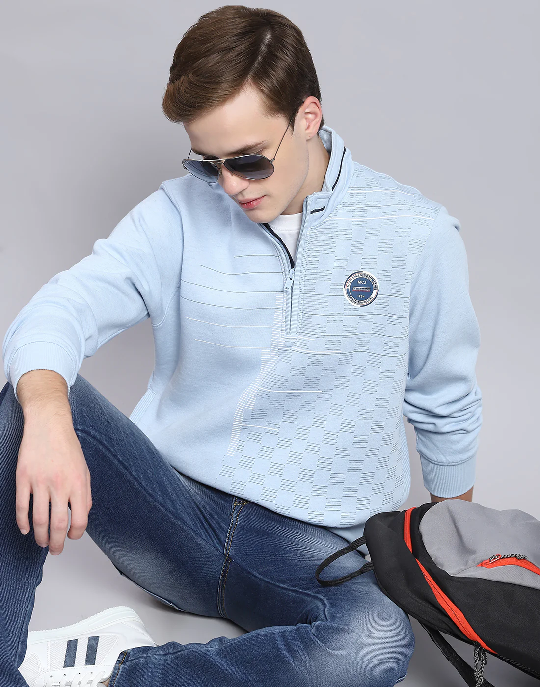 Men Blue Printed H Neck Full Sleeve Sweatshirt - Image 6