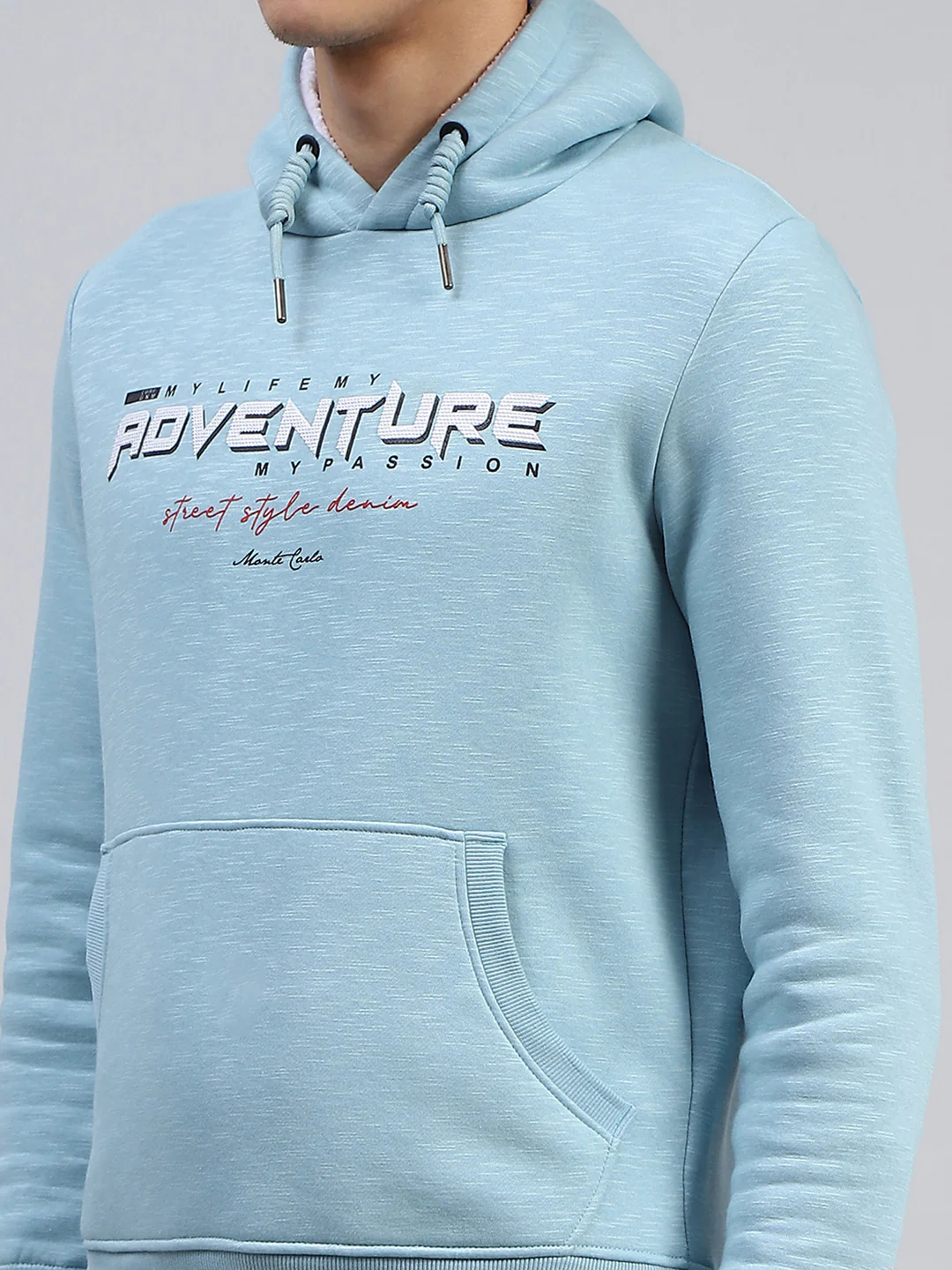 Men Blue Printed Hooded Full Sleeve Sweatshirt - Image 6