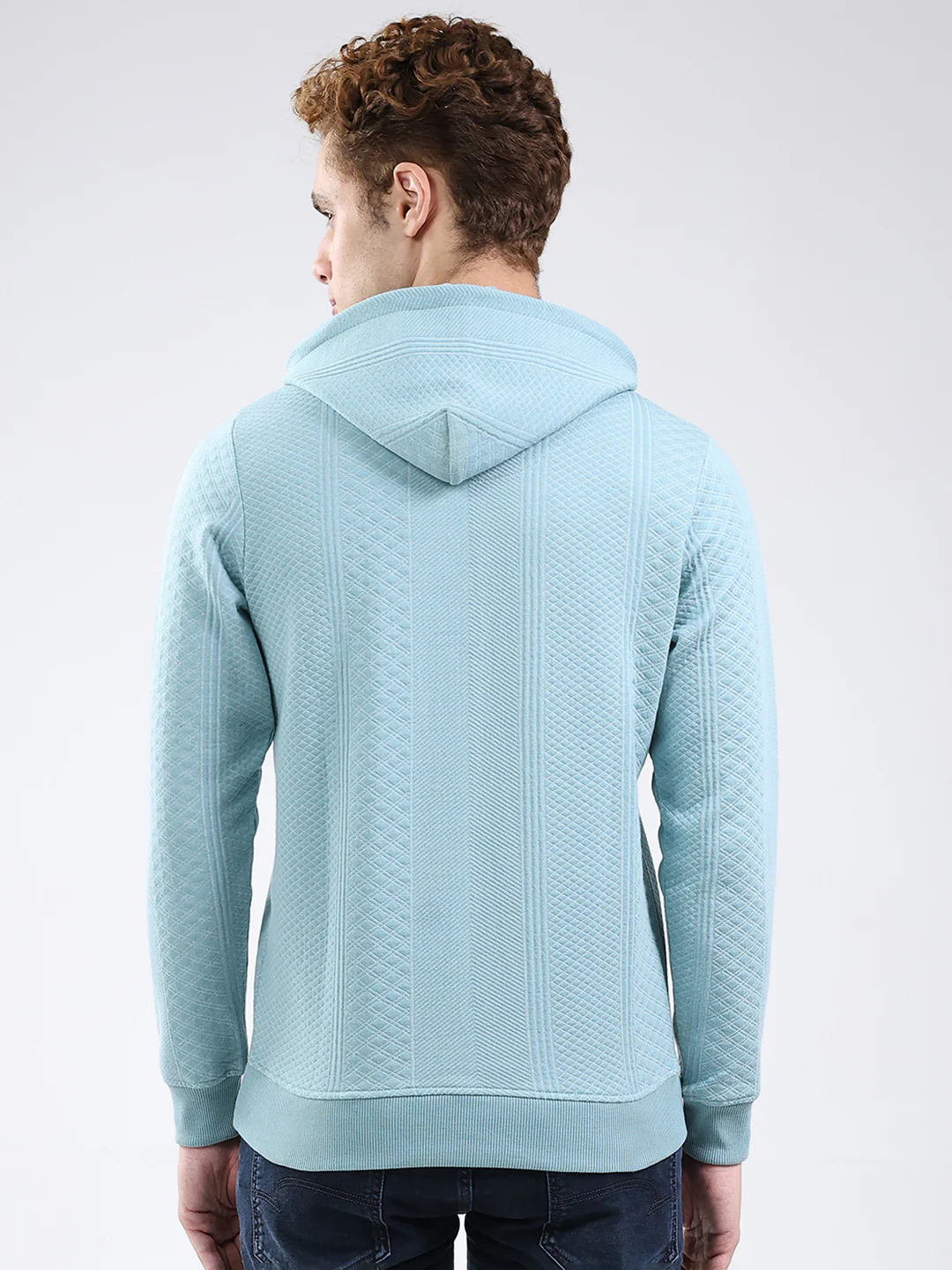 Men Blue Printed Hooded Full Sleeve Sweatshirt - Image 5