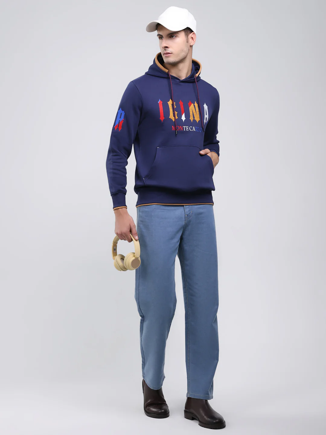 Men Blue Printed Hooded Full Sleeve Sweatshirt - Image 2