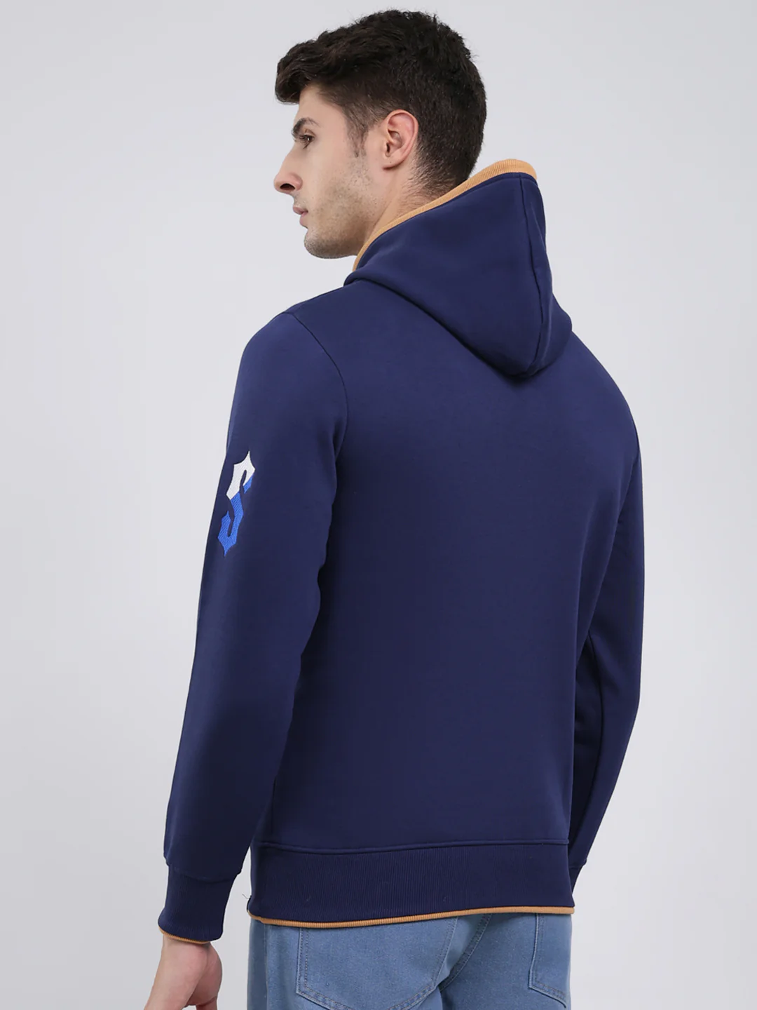 Men Blue Printed Hooded Full Sleeve Sweatshirt - Image 5