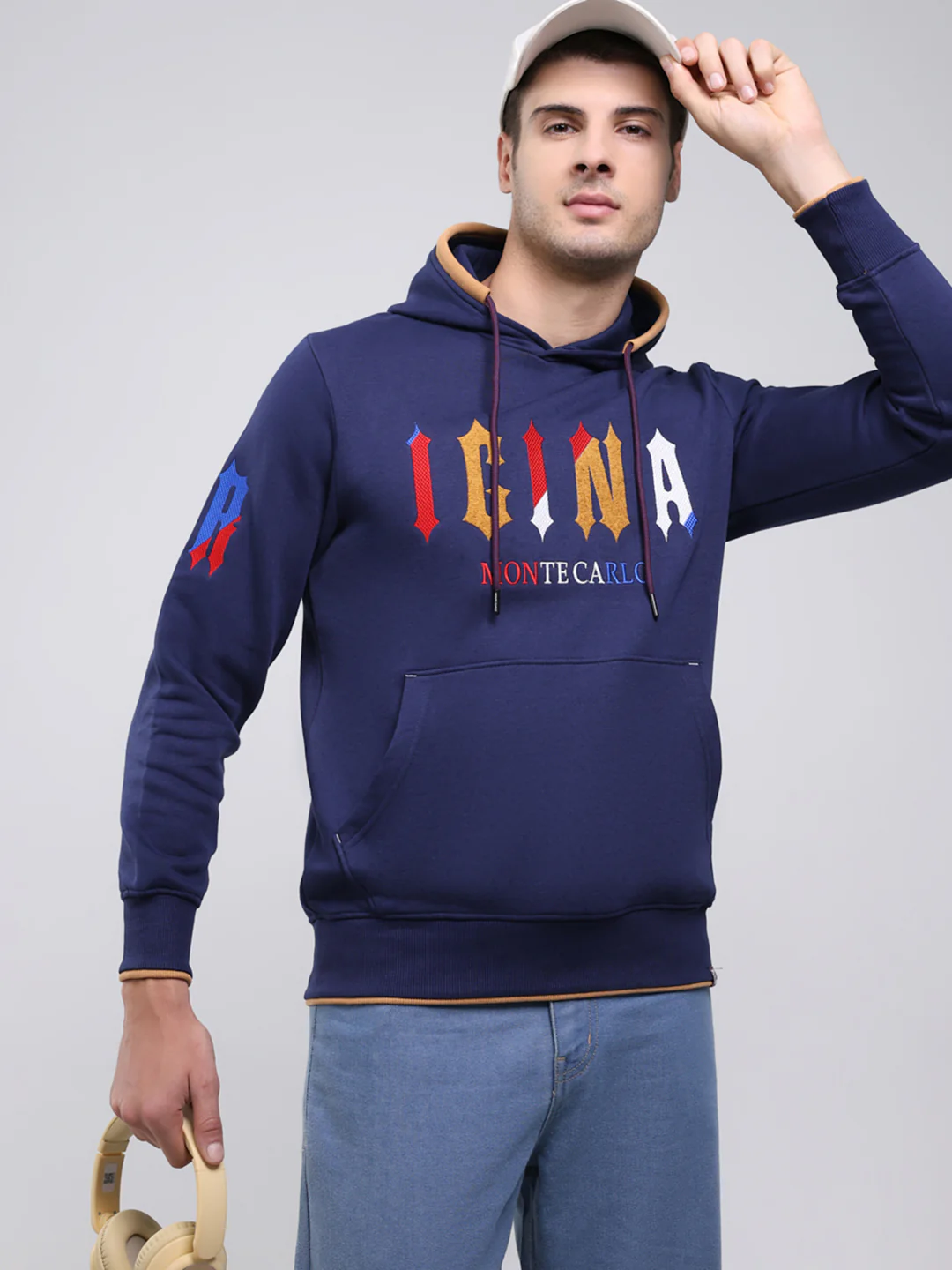 Men Blue Printed Hooded Full Sleeve Sweatshirt - Image 6