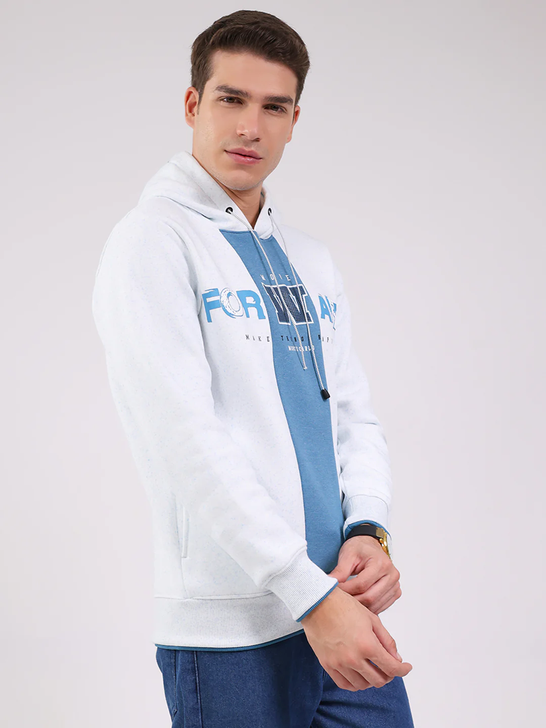 Men Blue Printed Hooded Full Sleeve Sweatshirt - Image 4