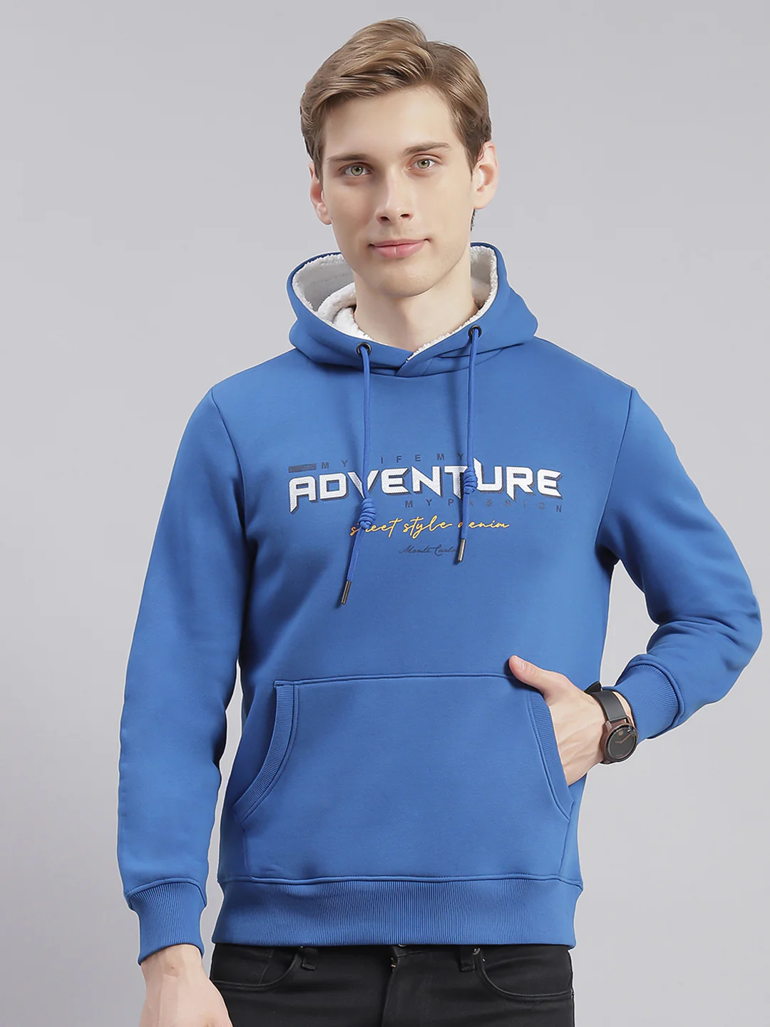 Men Blue Printed Hooded Full Sleeve Sweatshirts - Image 2