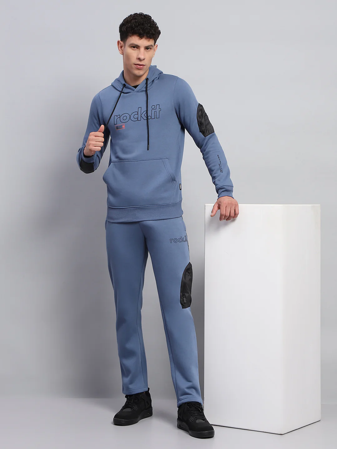 Rock.it Men Blue Printed Hooded Full Sleeve Winter Tracksuit - Image 2