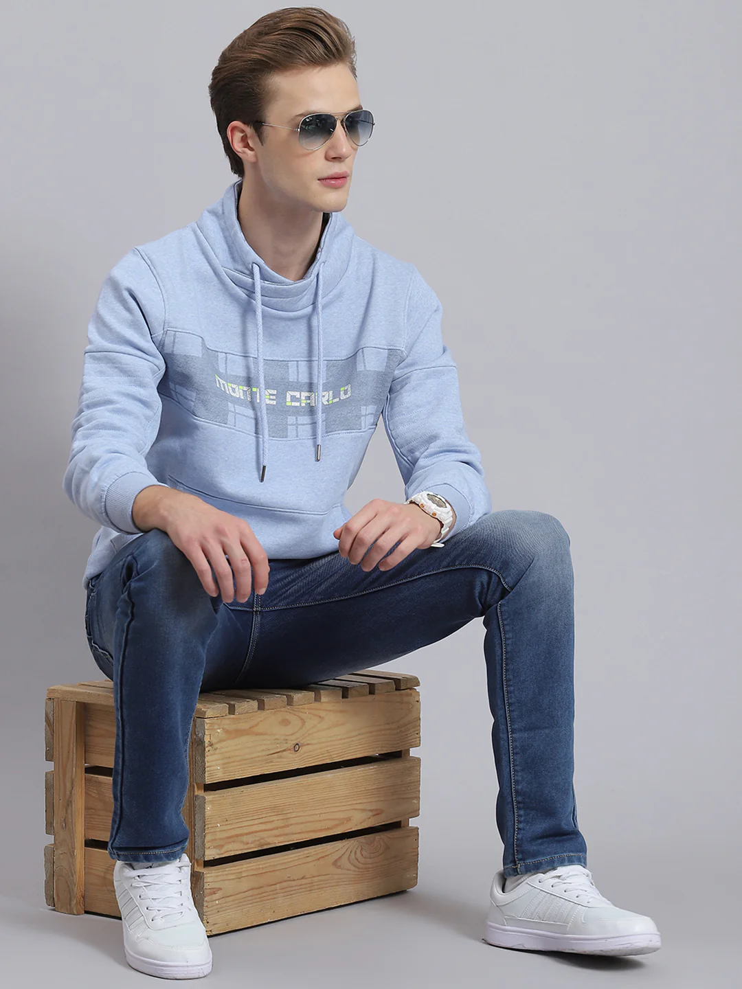 Men Blue Printed Mock Collar Full Sleeve Sweatshirt - Image 2