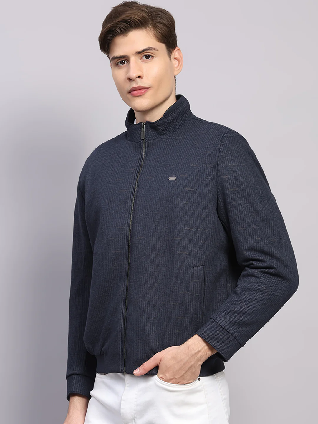 Men Blue Printed Mock Neck Full Sleeve Jacket - Image 3