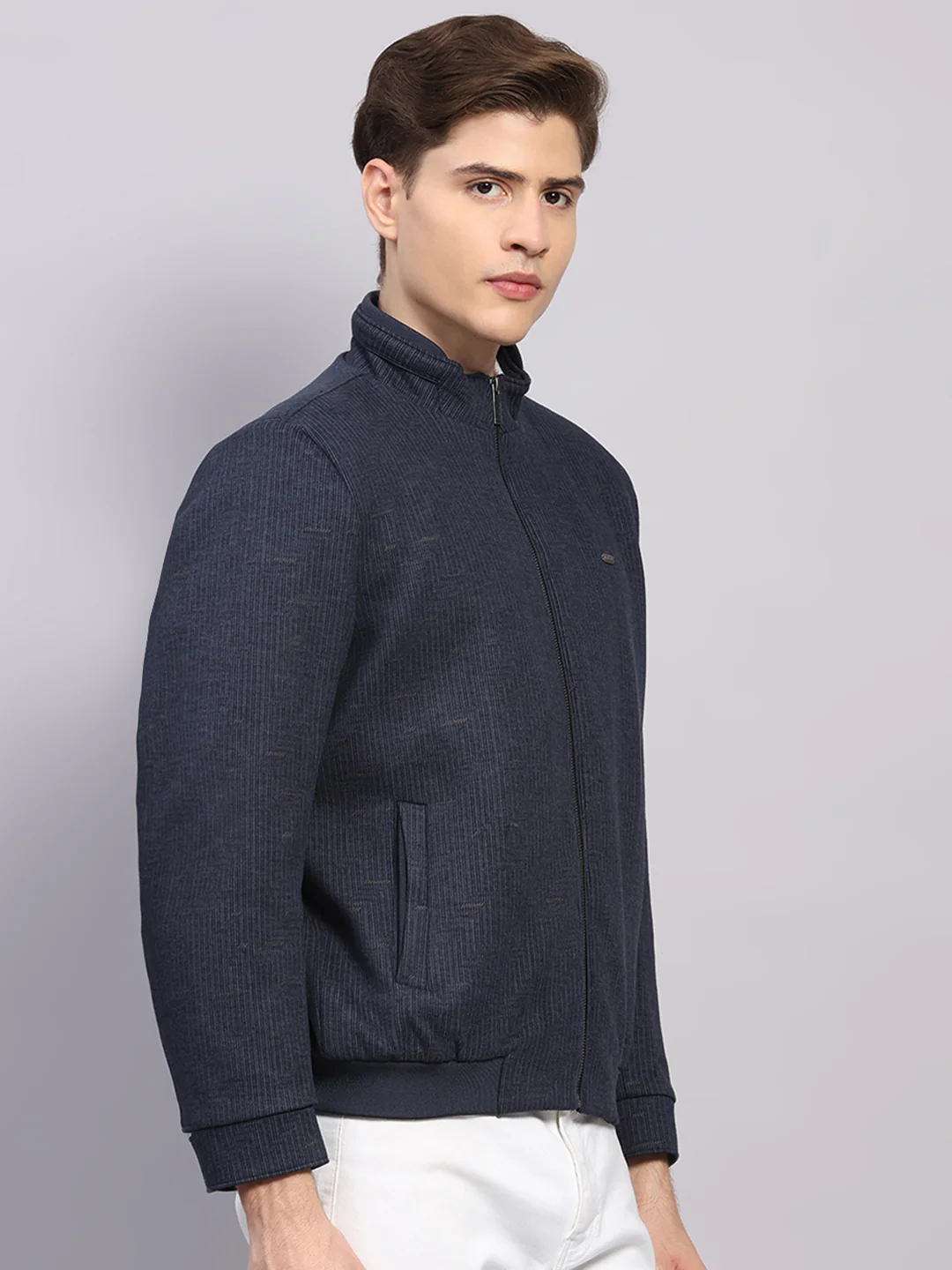 Men Blue Printed Mock Neck Full Sleeve Jacket - Image 4