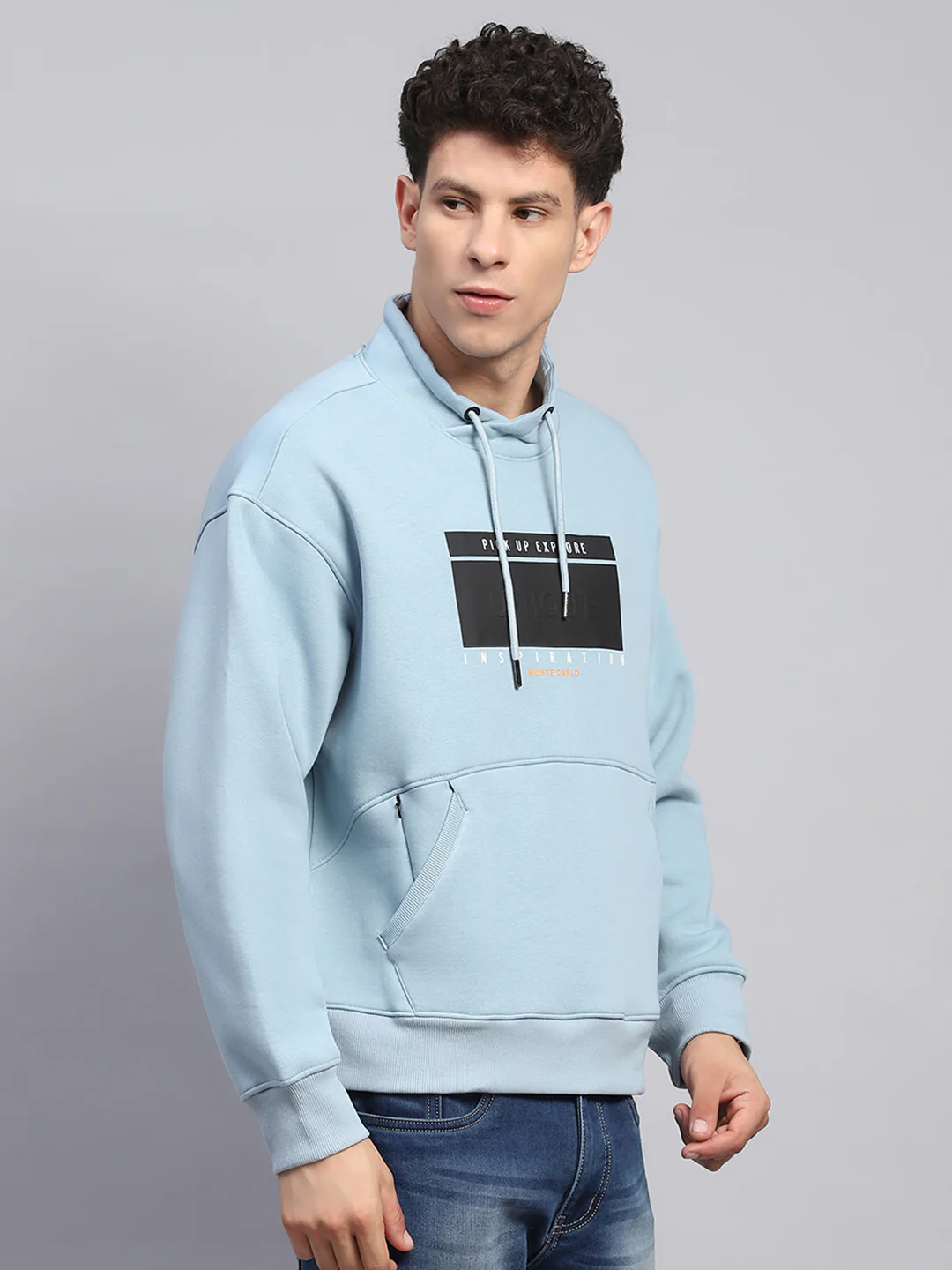 Men Blue Printed Mock Neck Full Sleeve Sweatshirt - Image 3
