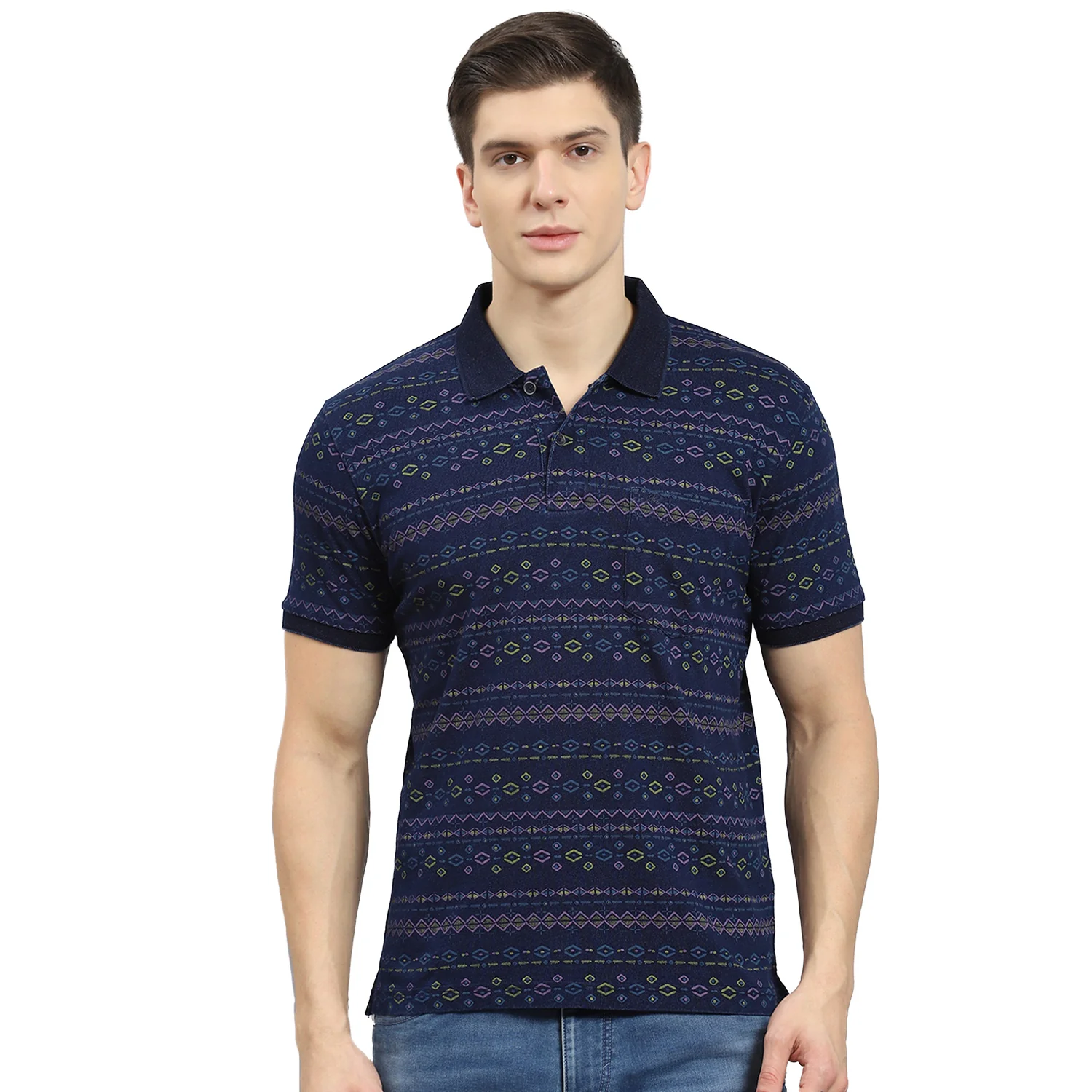 Men Blue Printed Polo Collar Half Sleeve T-Shirt - Image 5