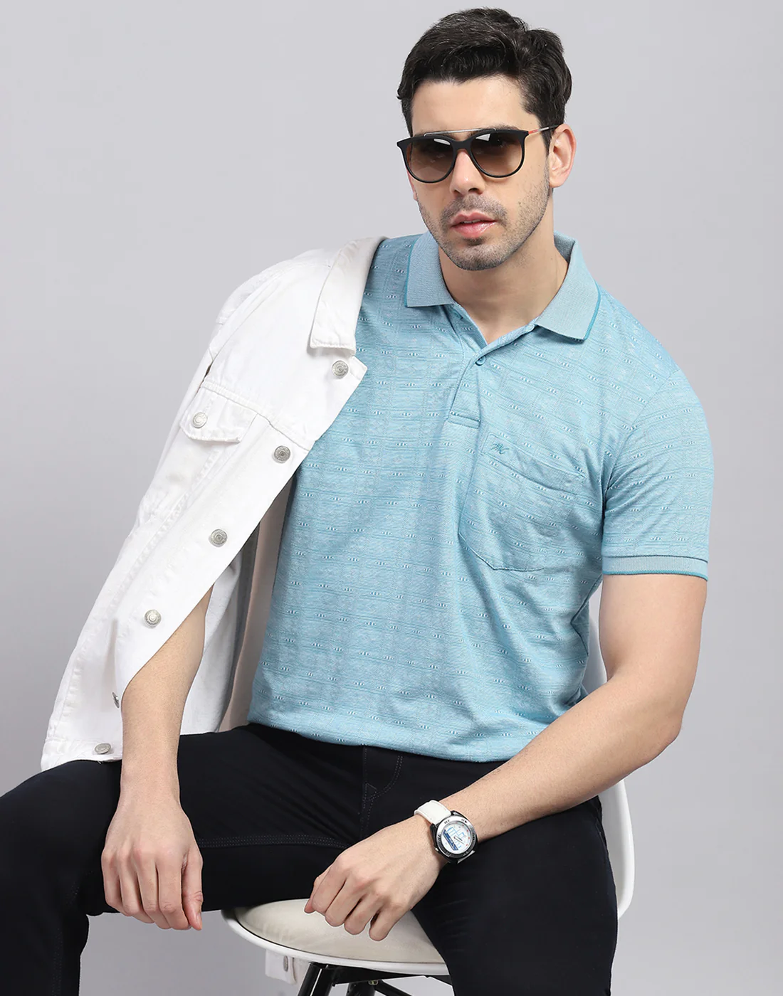 Men Blue Printed Polo Collar Half Sleeve T-Shirt - Image 2