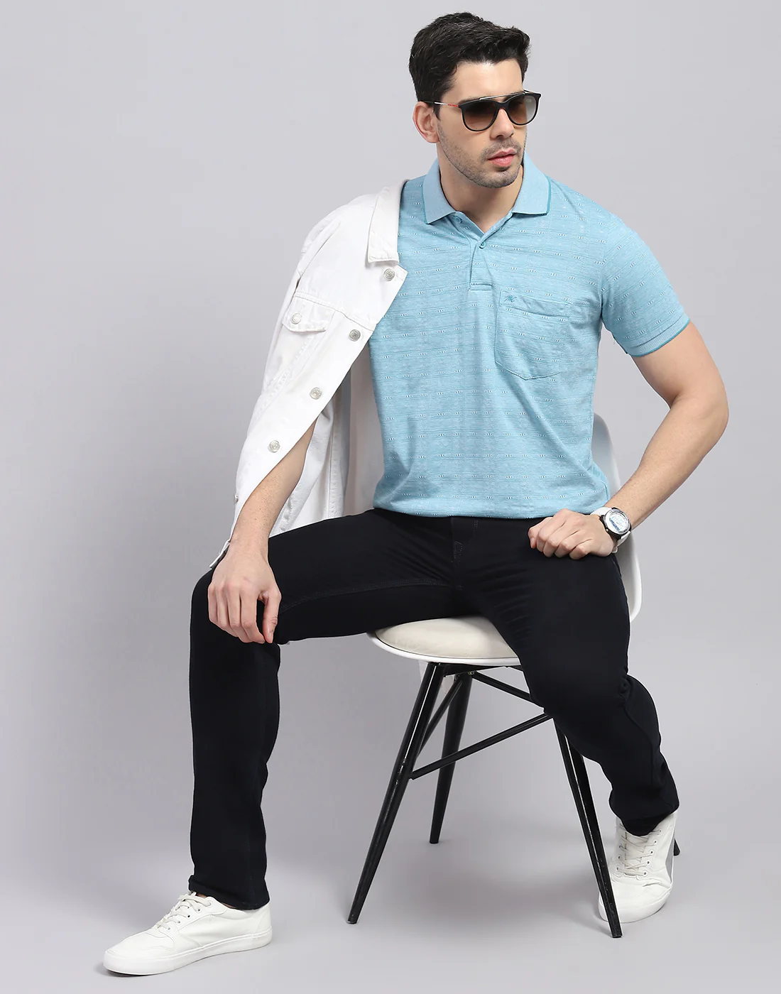 Men Blue Printed Polo Collar Half Sleeve T-Shirt - Image 3