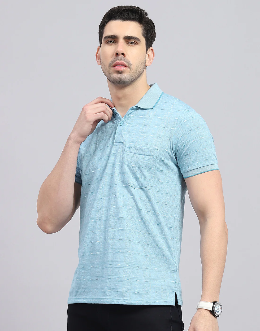 Men Blue Printed Polo Collar Half Sleeve T-Shirt - Image 4