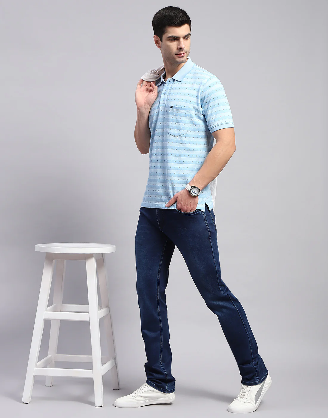 Men Blue Printed Polo Collar Half Sleeve T-Shirt - Image 2