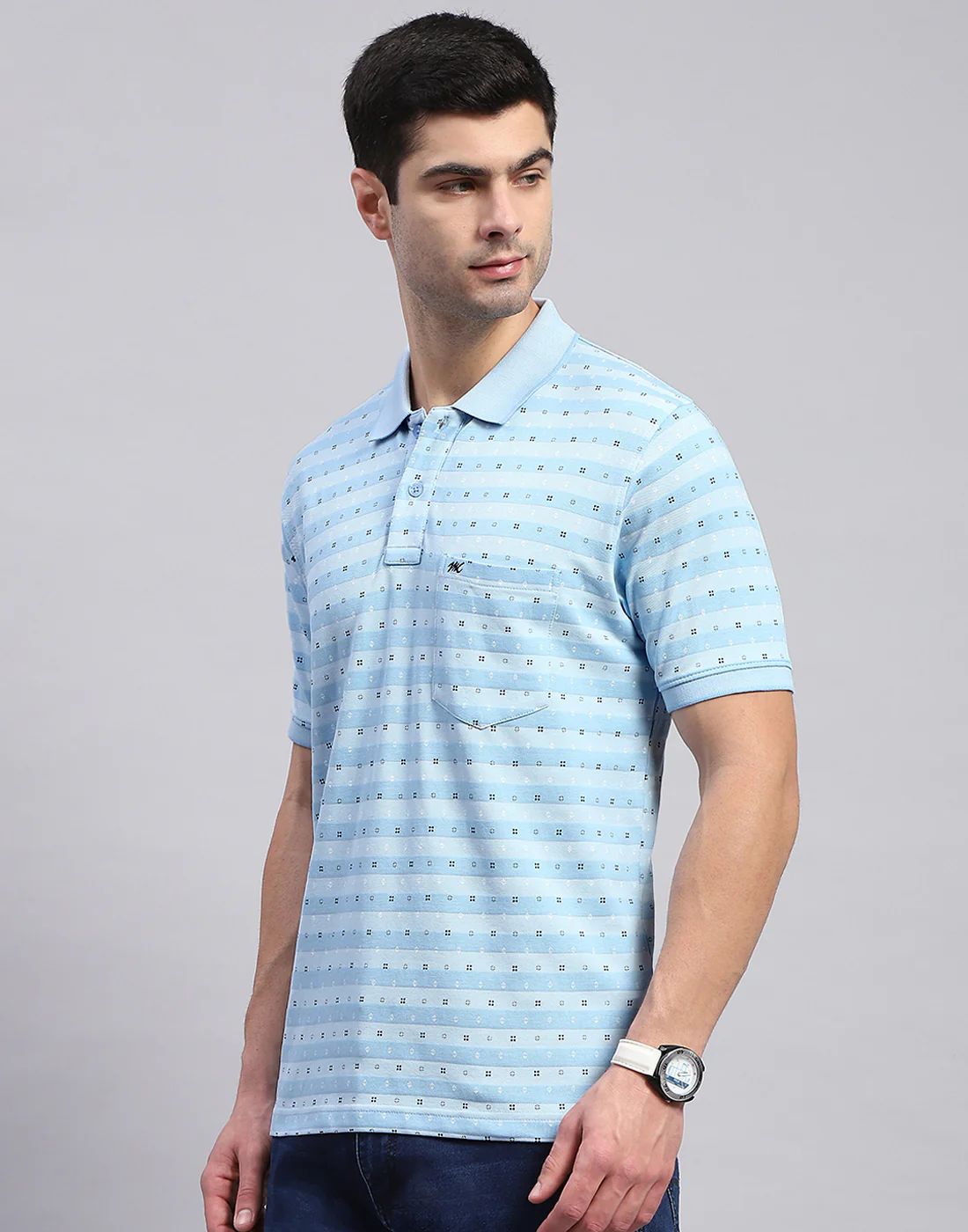 Men Blue Printed Polo Collar Half Sleeve T-Shirt - Image 3