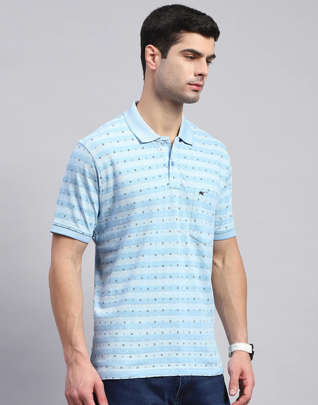Men Blue Printed Polo Collar Half Sleeve T-Shirt - Image 4