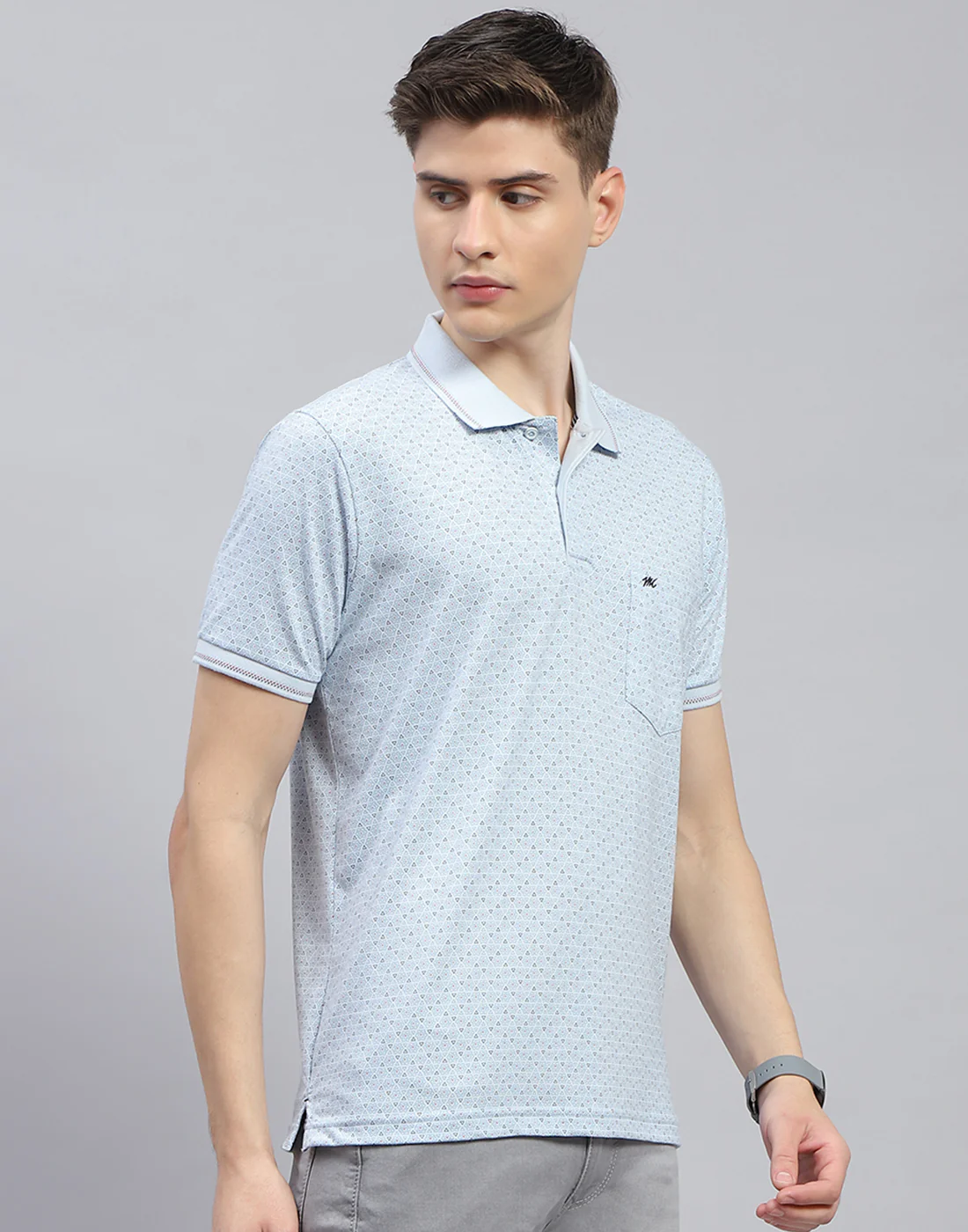 Men Blue Printed Polo Collar Half Sleeve T-Shirt - Image 5
