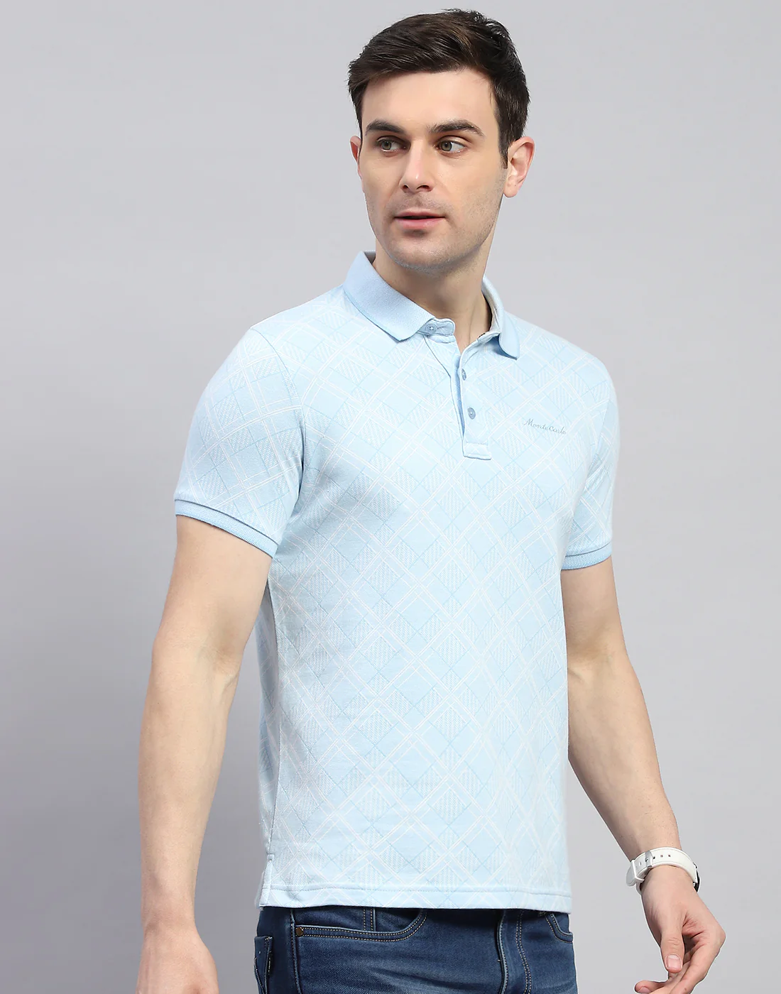 Men Blue Printed Polo Collar Half Sleeve T-Shirt - Image 4
