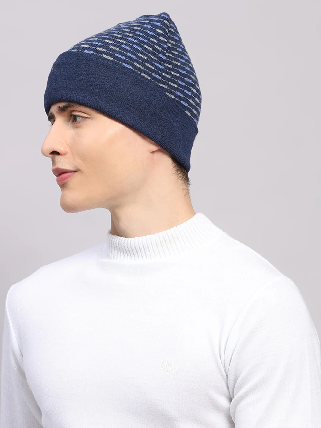 Men Blue Printed Pure Wool Cap - Image 3