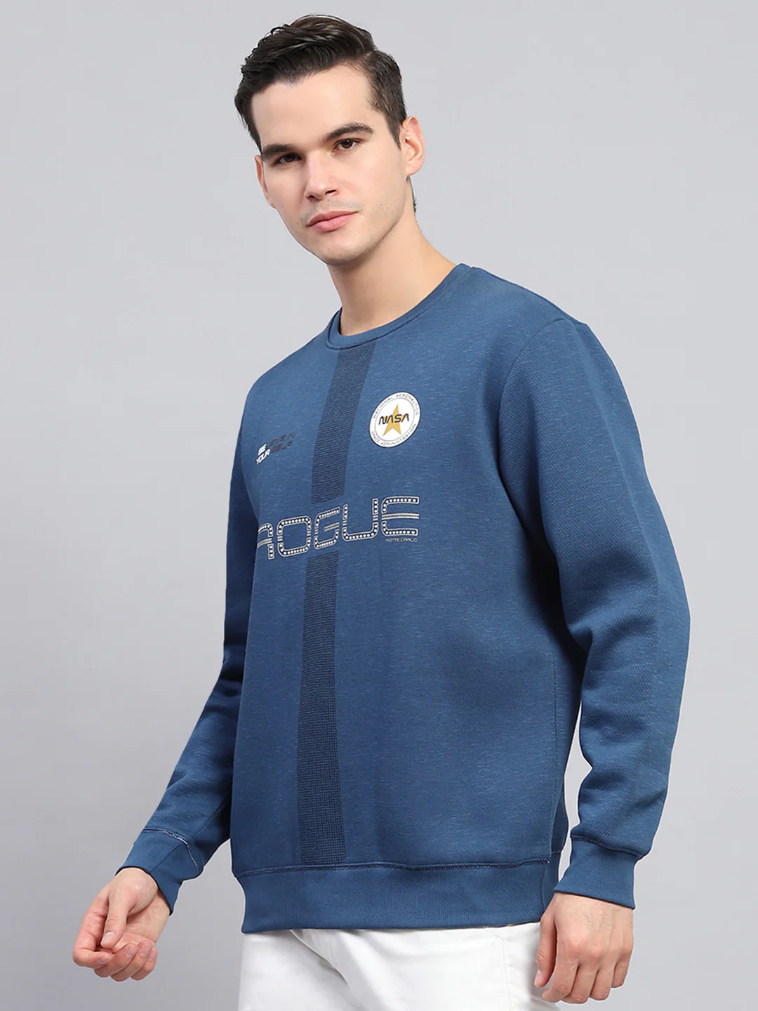 Men Blue Printed Round Neck Full Sleeve Sweatshirt - Image 3