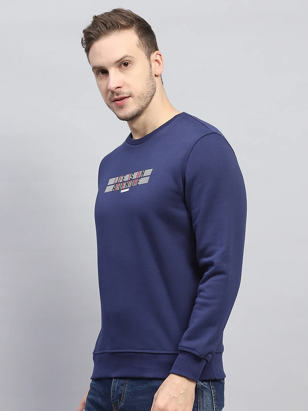 Men Blue Printed Round Neck Full Sleeve Sweatshirt - Image 3