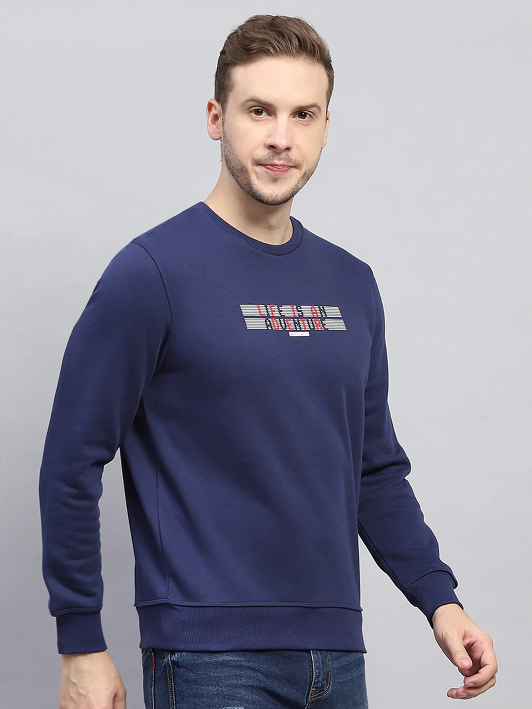 Men Blue Printed Round Neck Full Sleeve Sweatshirt - Image 4