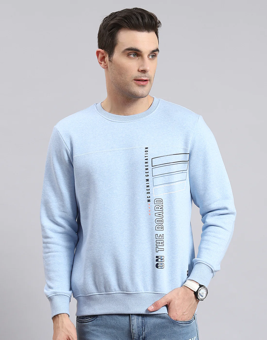Men Blue Printed Round Neck Full Sleeve Sweatshirt - Image 2
